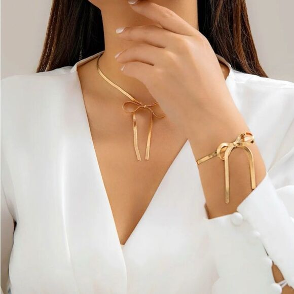 Elegant Gold Coquette Bow Necklace, Bracelet, Earrings 3 Piece Snake Herringbone - Picture 3 of 4